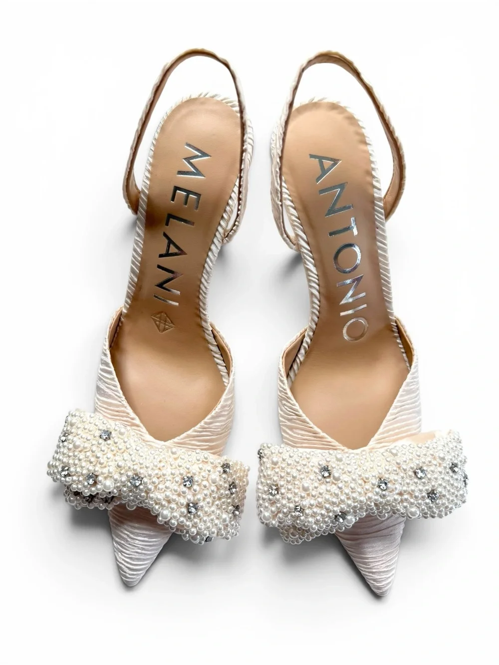 Antonio Melani Women Champagne Pearl Bow Slingback Heels Pointed Toe Size 8.5